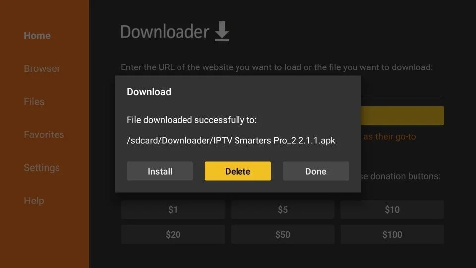 Paso 9 de instalación en Fire TV: Eliminar el archivo APK descargado