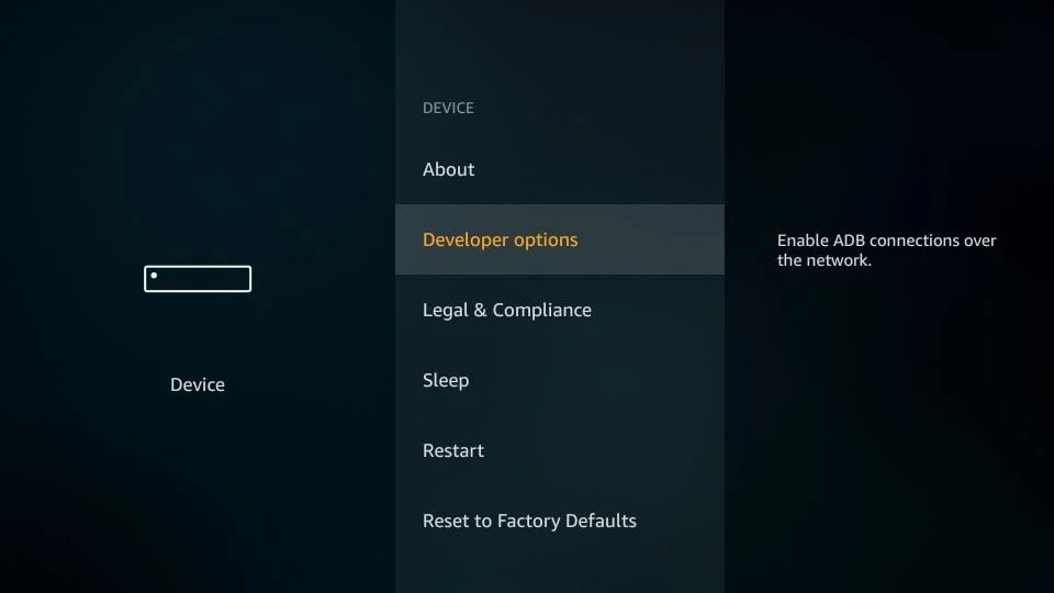 Paso de configuración en Fire TV: Seleccionar 'Opciones de desarrollador'