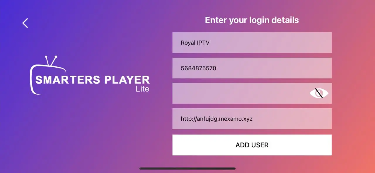 Paso 2: Ingresar credenciales de usuario en Smarters Player Lite para iOS
